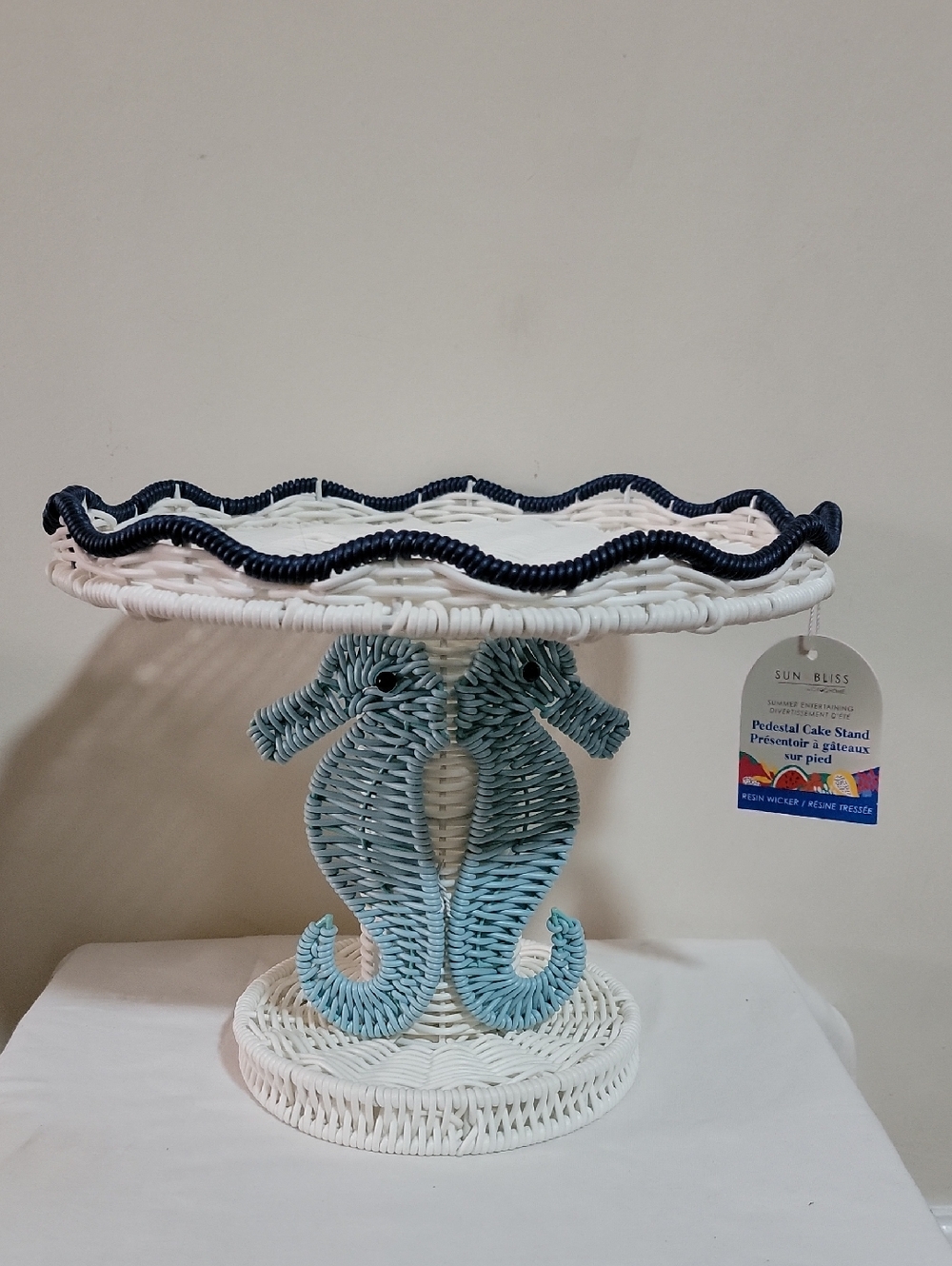 Stunning Seahorse Wicker Pedestal Cake Stand in White & Light Blue